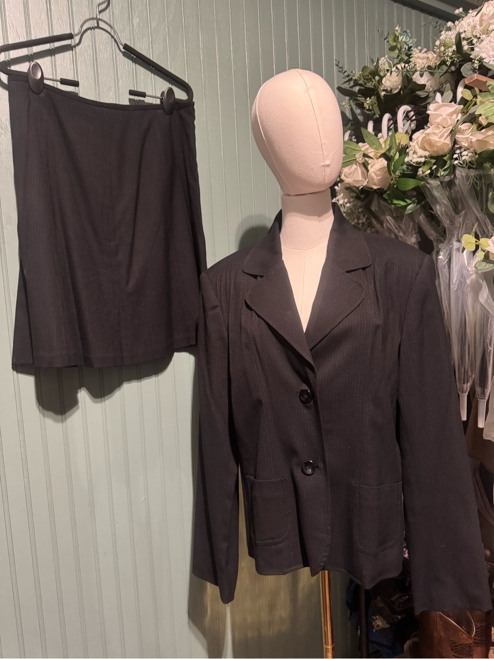 Courtenay Women's Black Pinstripe Skirt Suit.